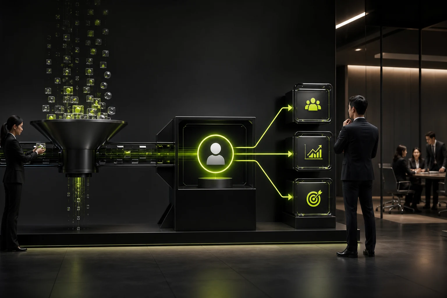 Visual illustration of a 360-degree customer view organized around decisions rather than a collection of fields