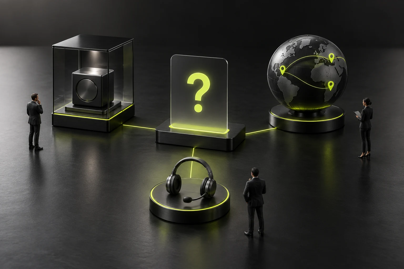 Concept illustration of a miniature scene assessing communication language, project region, and product ownership separately