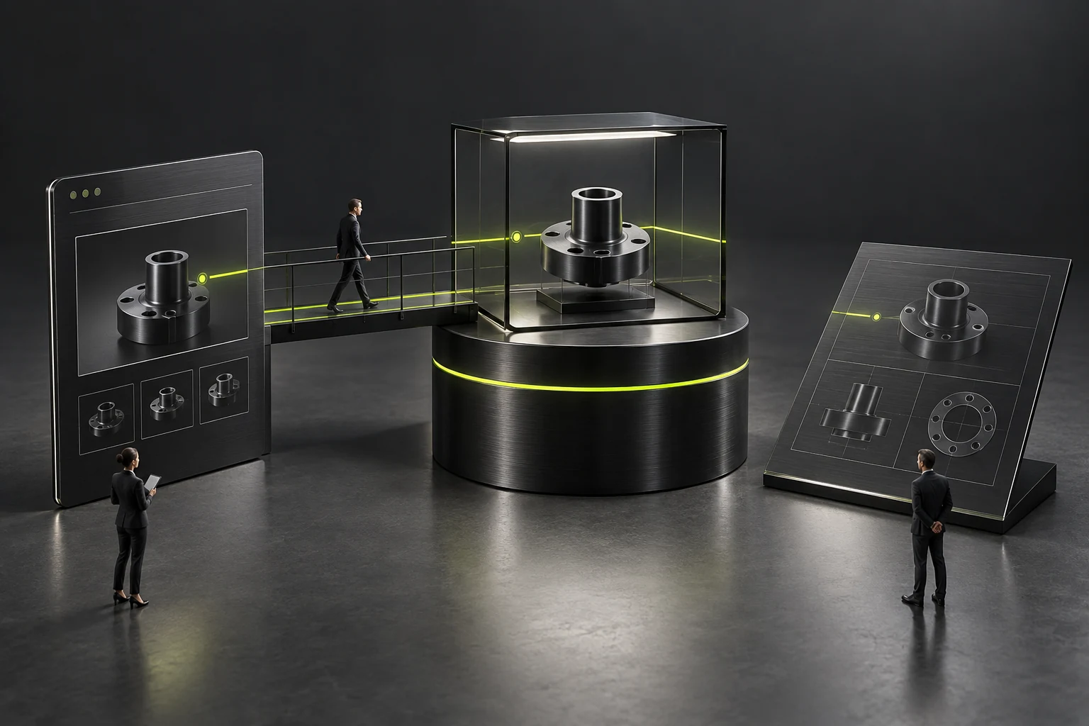 Concept illustration of a miniature scene verifying product listings, details, and data tables together