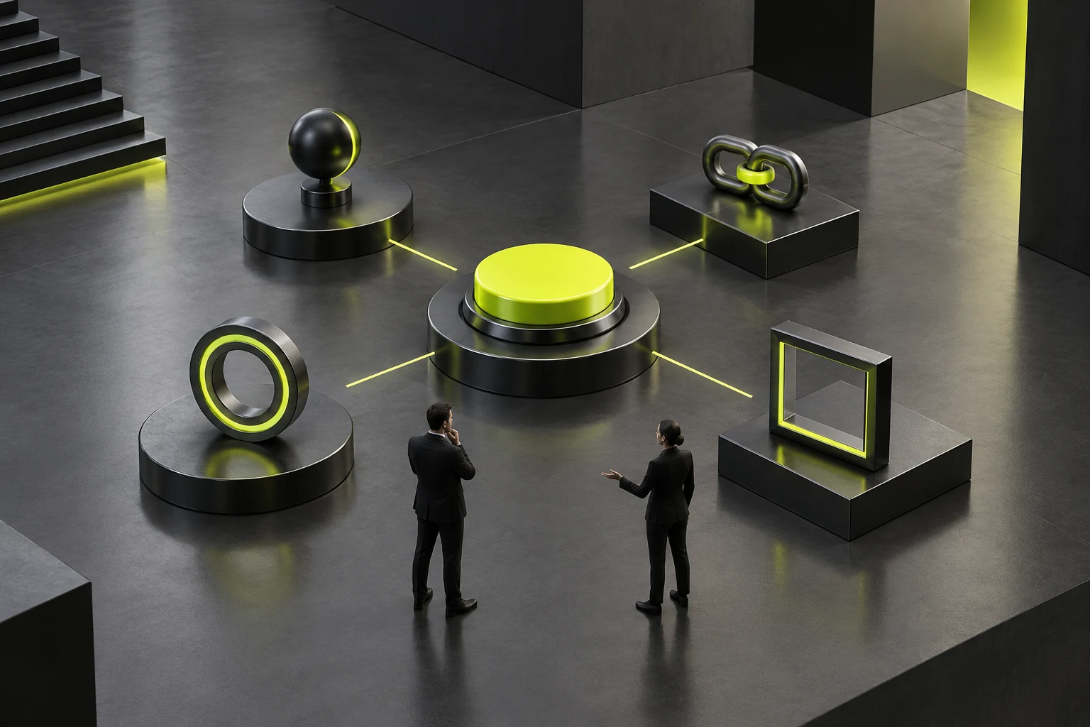 Four object types around buttons represent meaning, behavior, states and environment.