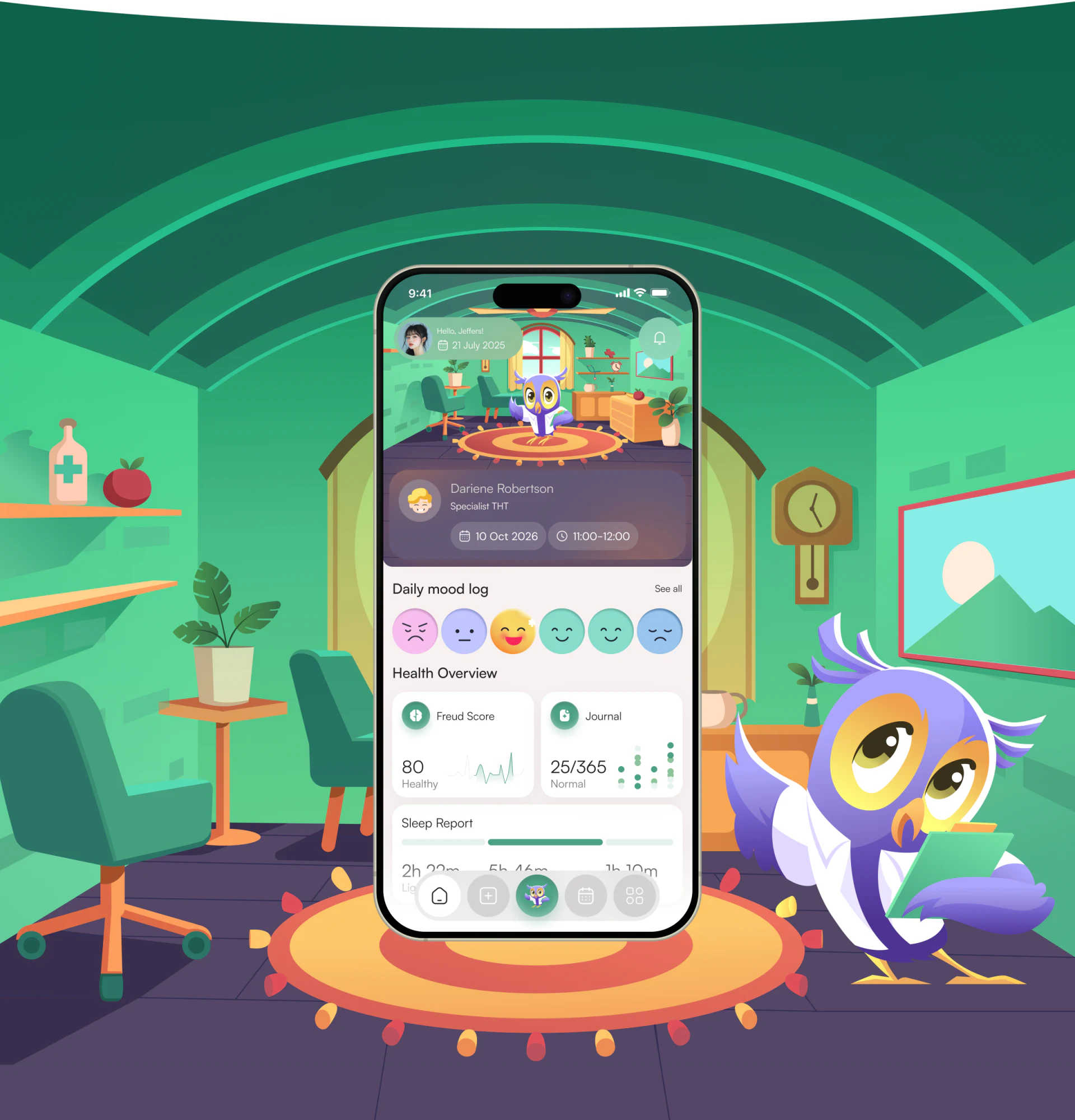 Carely’s phone homepage with a purple owl in a green room, greeting and date above, and an appointment card, six mood expressions and health overview cards below