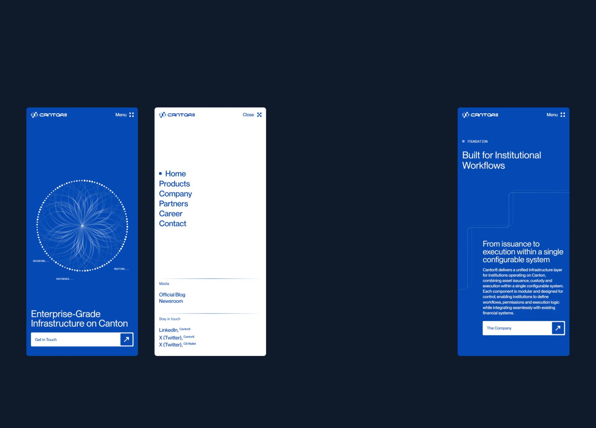 Cantor8’s blue mobile hero, six-item white menu and institutional workflow introduction