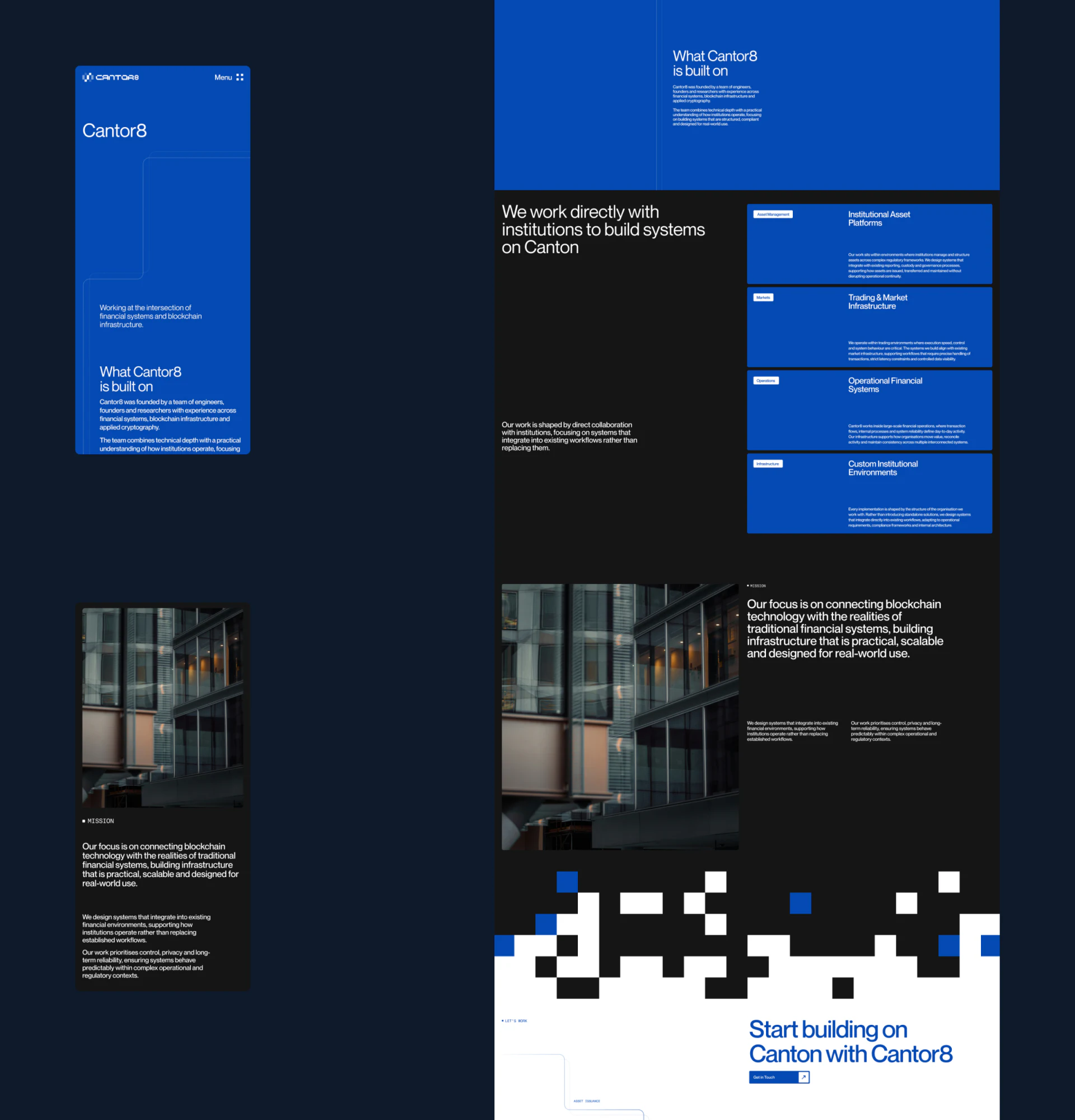 Four blue service cards on the right of Cantor8’s black company page, with a building photograph below
