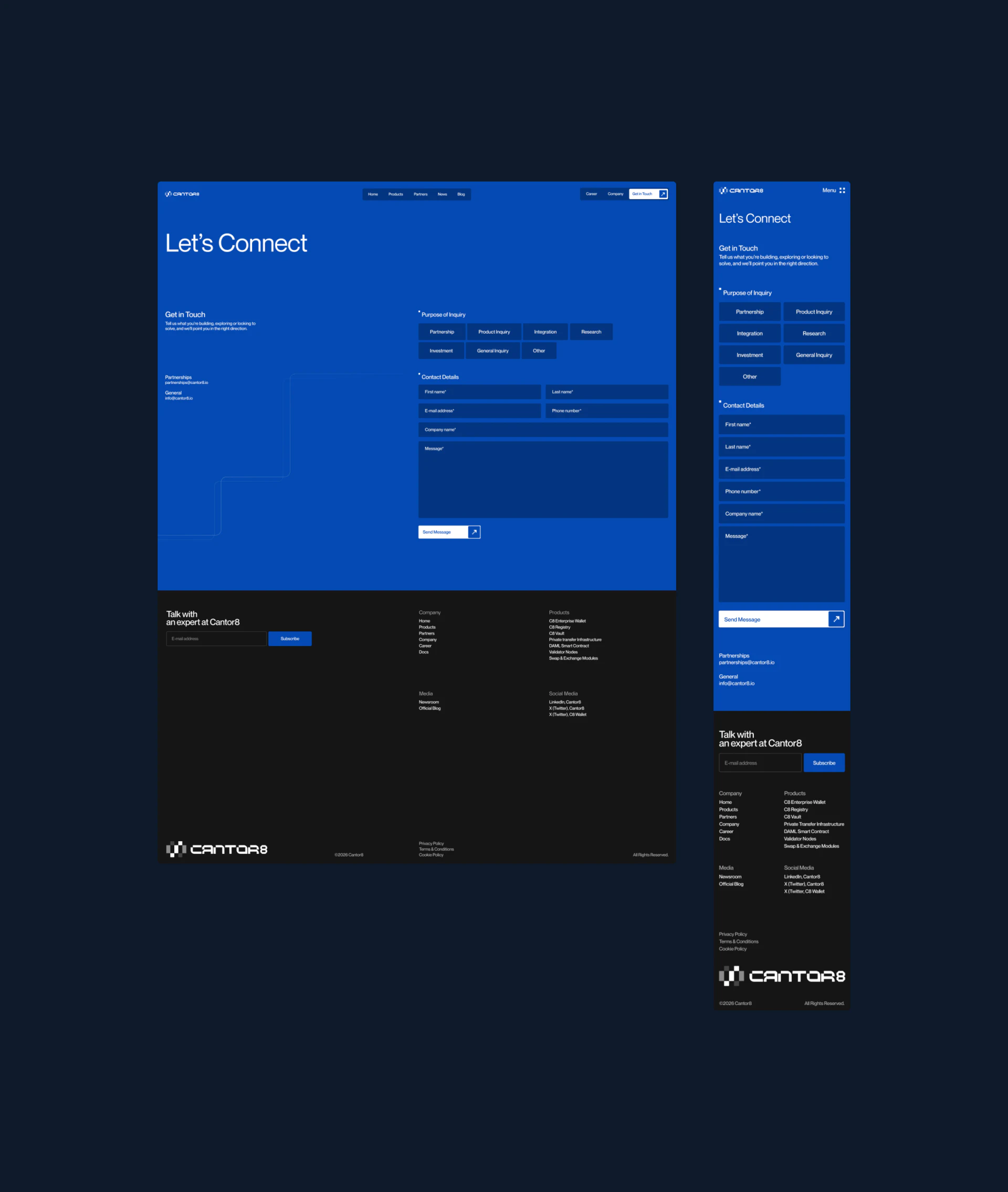 Purpose categories, contact fields, message box and white submit button on Cantor8’s blue inquiry page