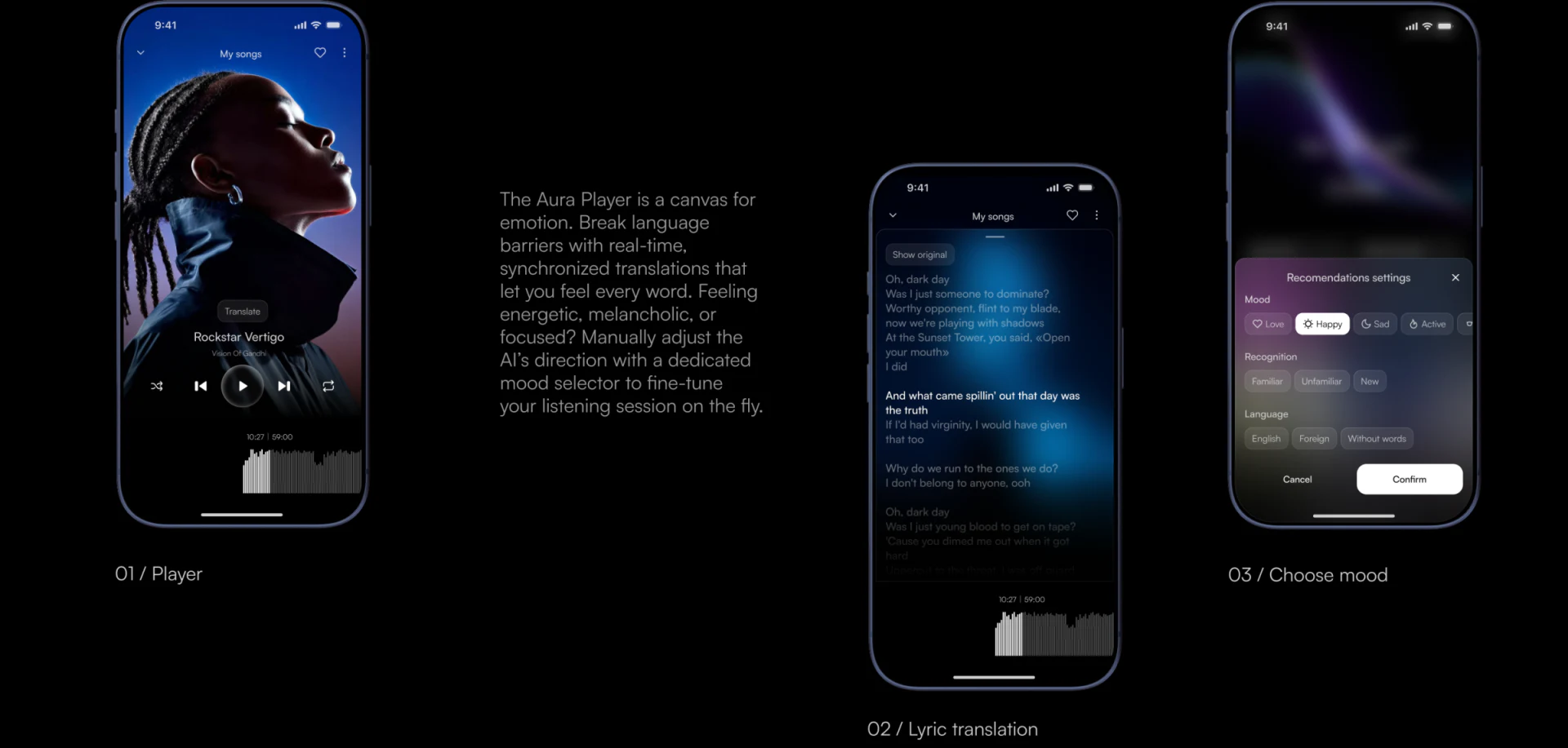 Aura full player, lyrics page, and recommendation settings, with a circular play button below a portrait, text over a blurred background, and groups including Mood