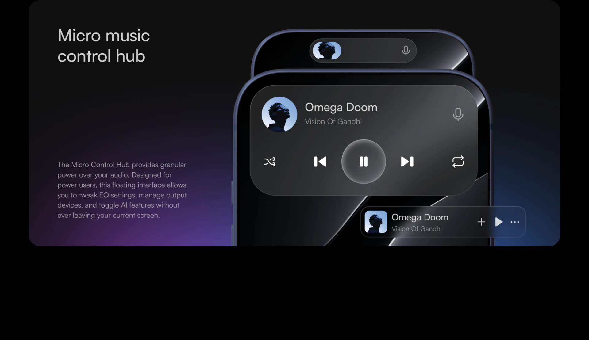 Aura controls with five playback actions in the expanded panel and a compact bar retaining circular artwork, title, artist, plus, play, and more icons