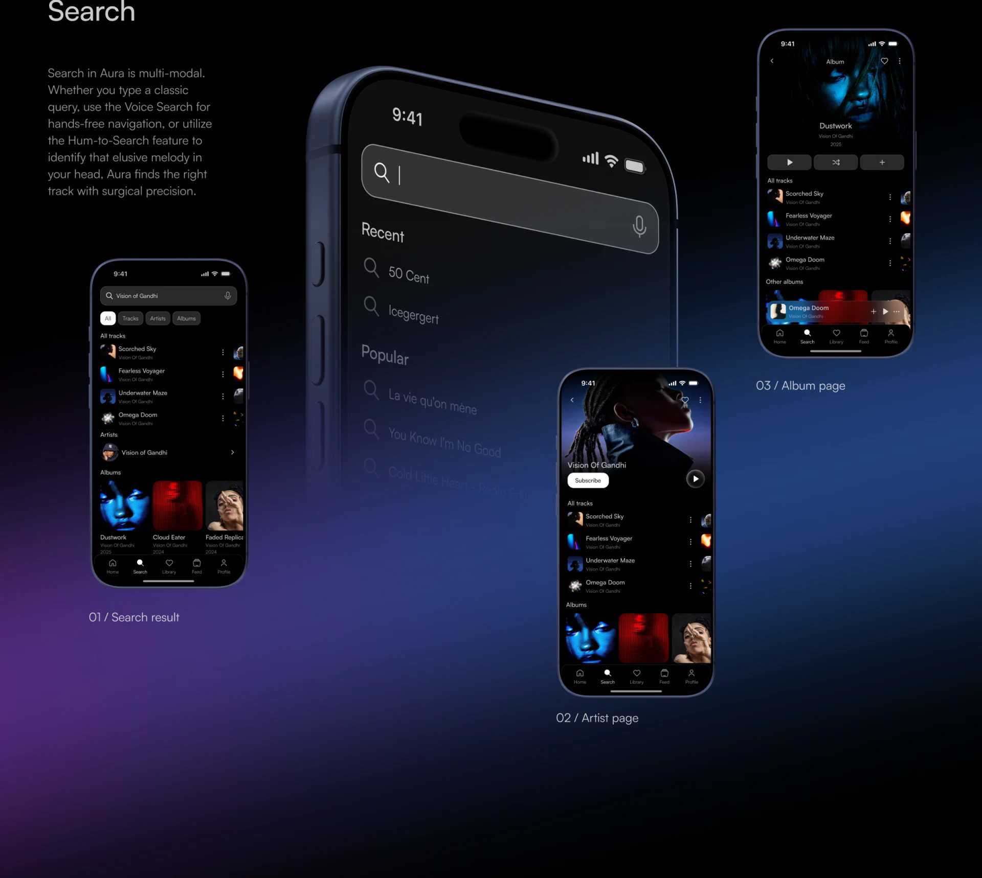 Aura search and content pages with Tracks, Artists, and Albums categories, track rows, album covers, and a separate current-song bar at the bottom of the album page