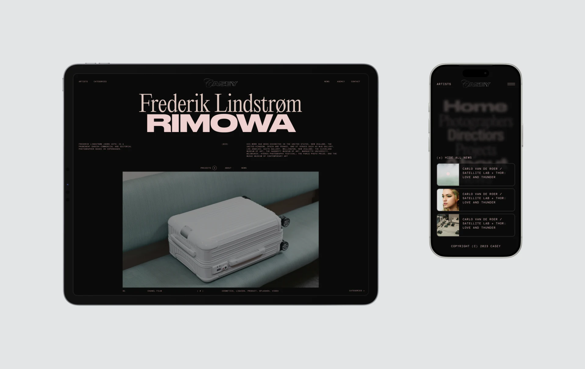 CASEY黑底作者页，Frederik Lindstrøm与RIMOWA淡粉大标题下方展示行李箱照片