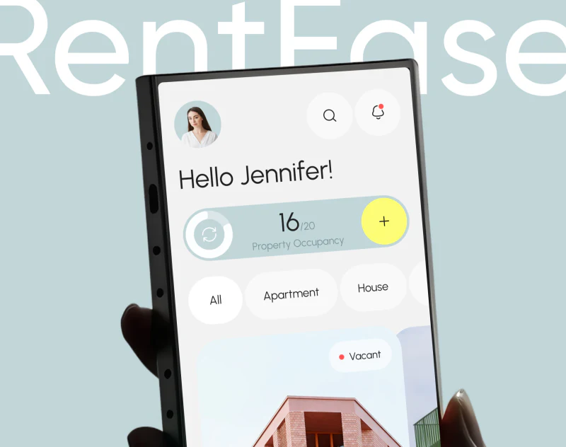 物业管理App设计：RentEase的柔和数据卡界面设计预览