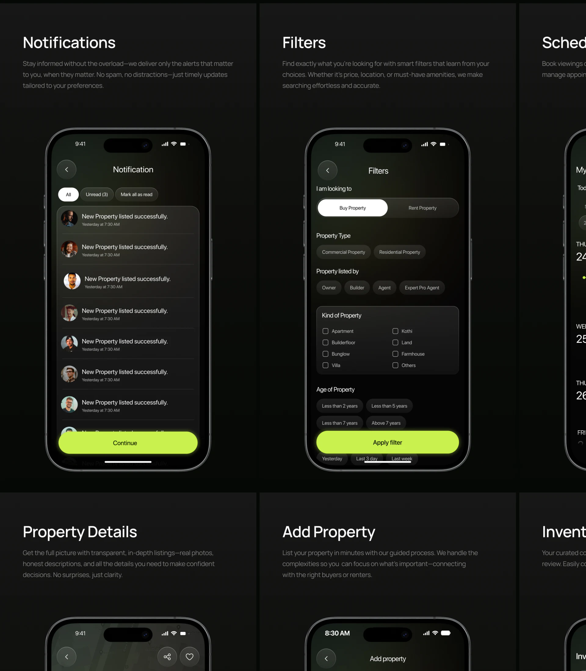 Dark Rezo filter screen with buying/renting, type, publisher, two-column property kinds and yellow-green Apply filter
