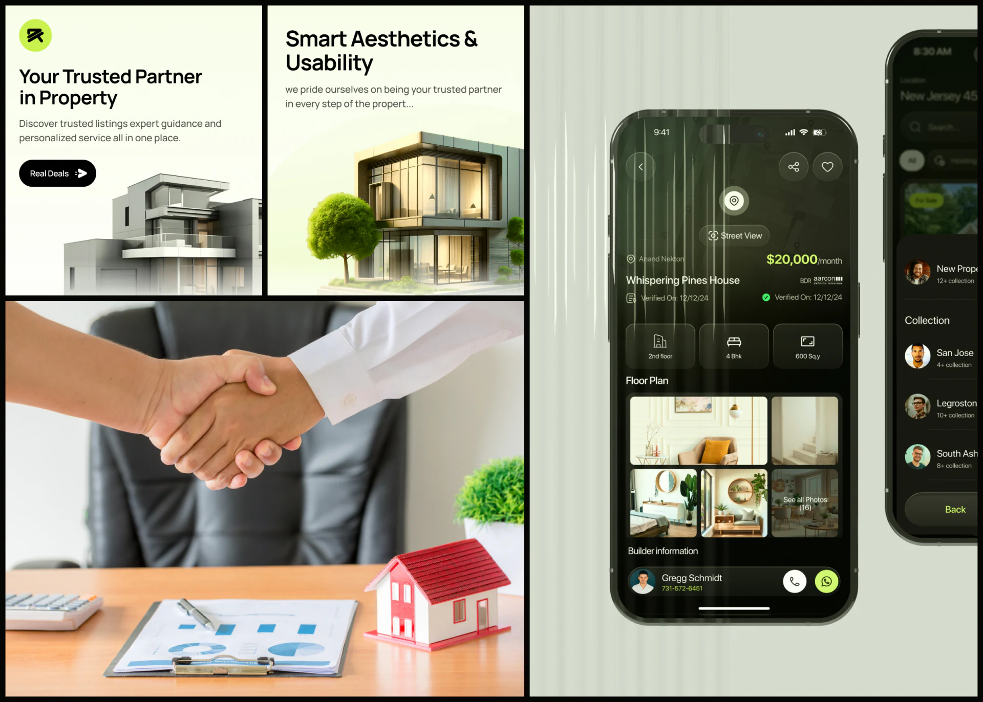 Rezo details with yellow-green monthly rent, name, three attributes, interior photos and contact card