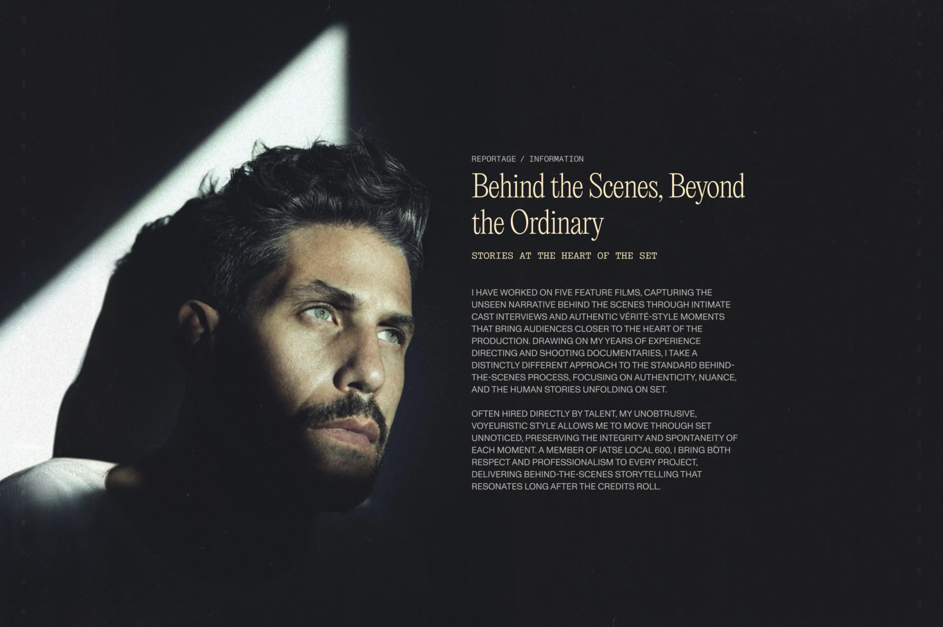 Reportage introduction with a person on the left and headings and uppercase paragraphs on the right