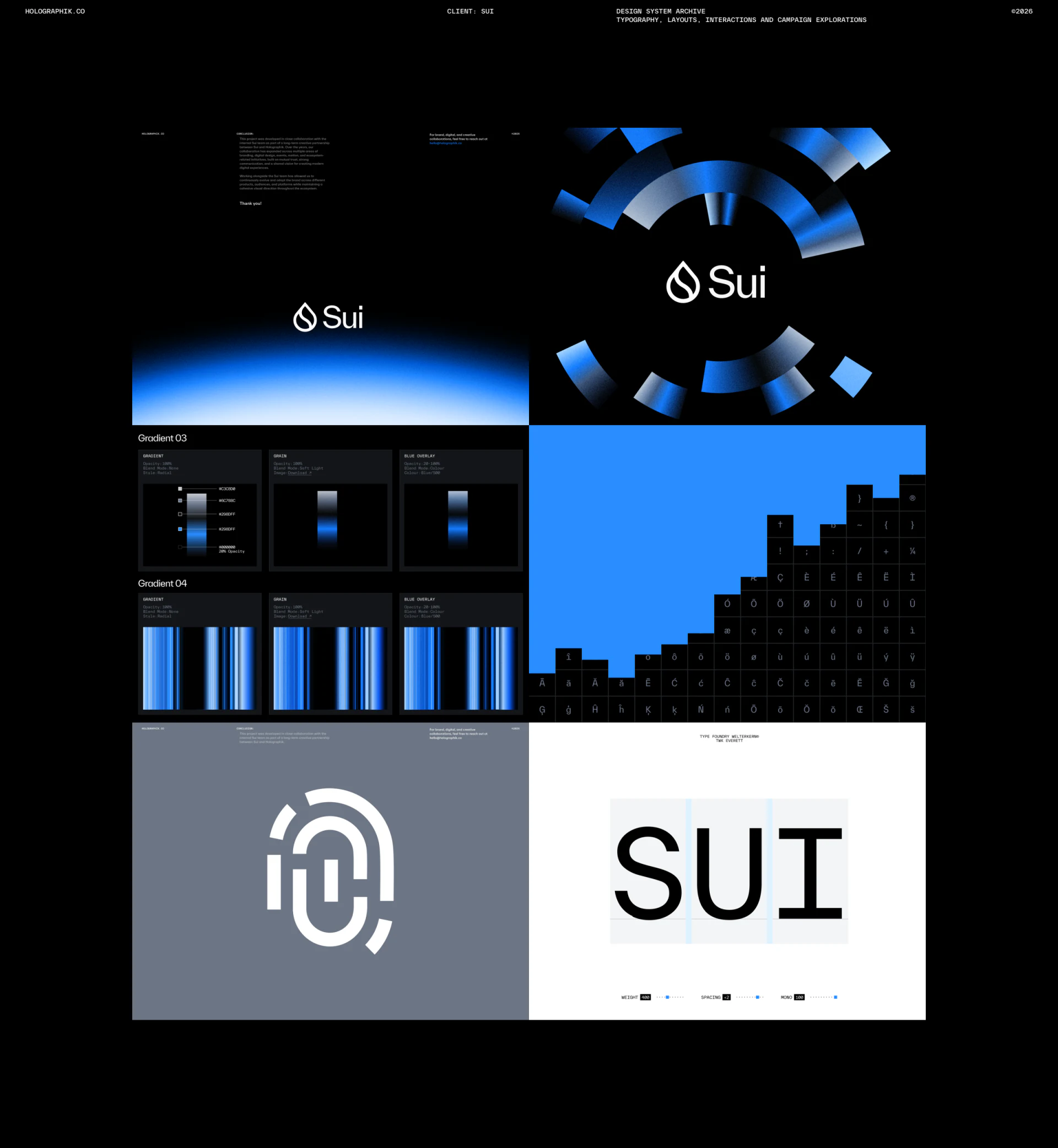 Sui blue-white gradients, ring fragments, striped textures, and typographic grids