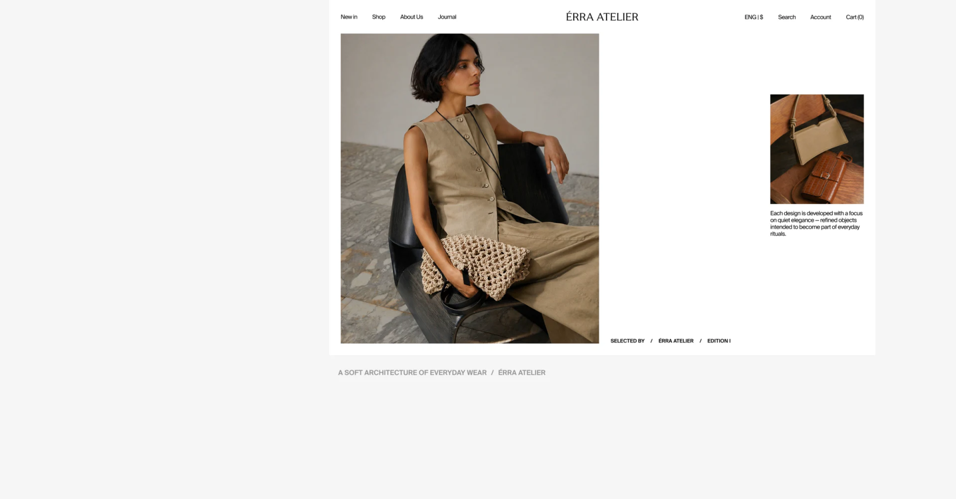 ÉRRA ATELIER首页:左侧大幅米色穿搭照片、右側较小包袋照片与短文案,顶部完整导航