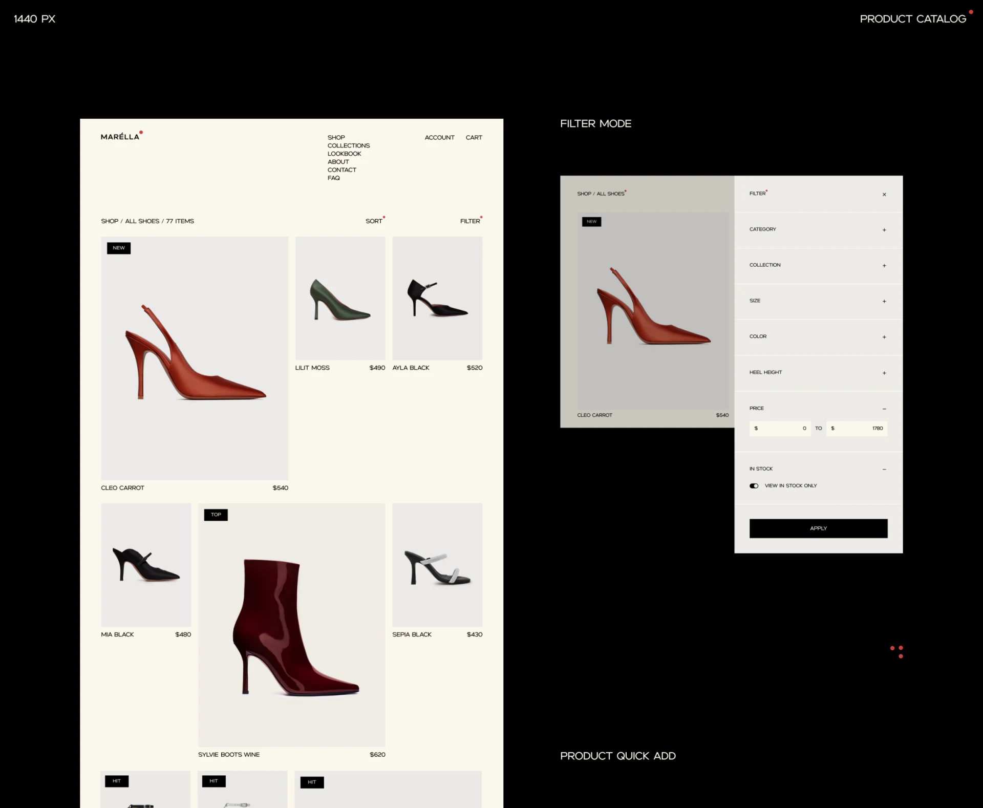 MARÉLLA shoe catalog and filter panel with size, color, heel height, price, and stock controls