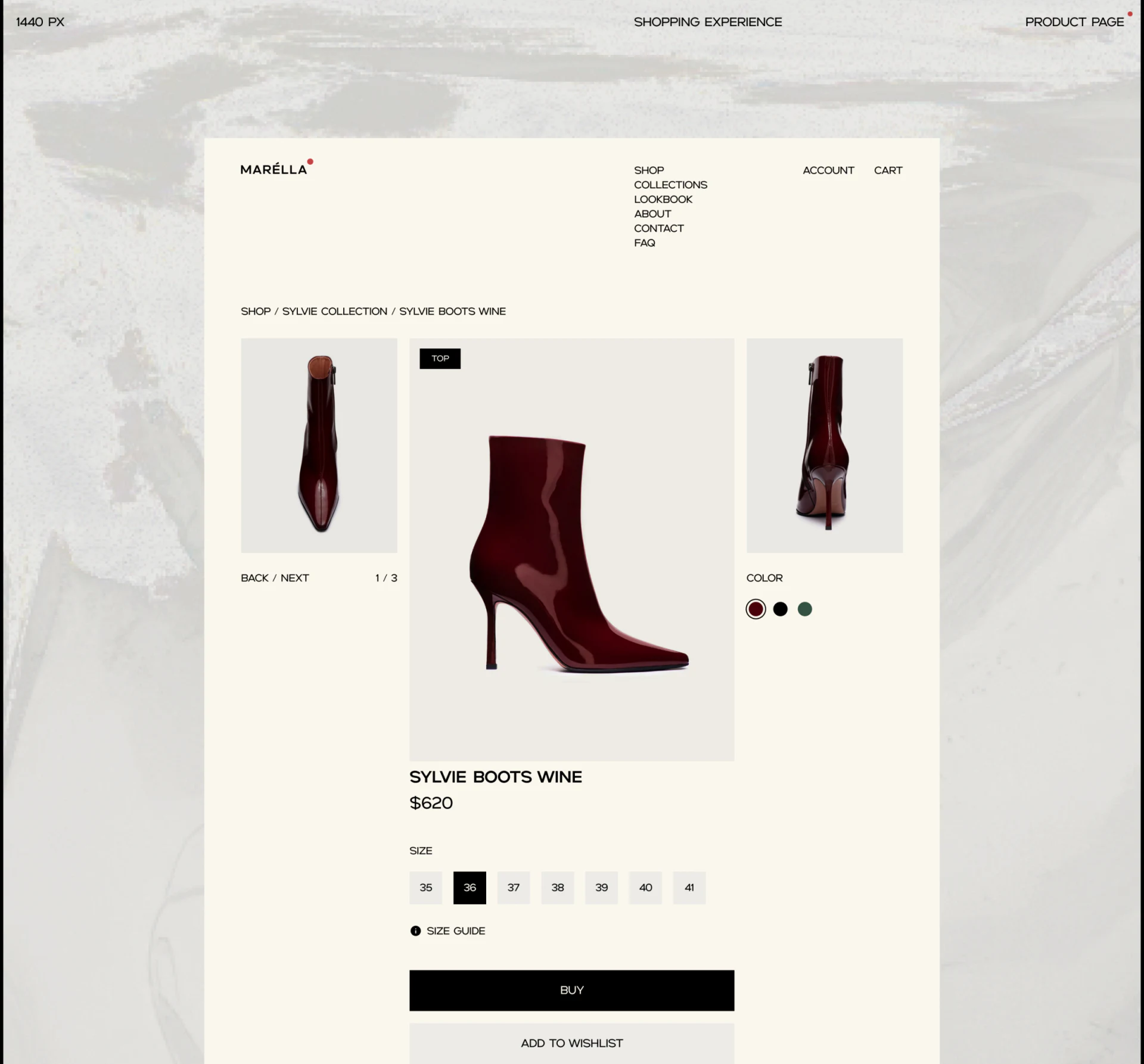 MARÉLLA burgundy boots from several angles, three color dots, and sizes 35 to 41 with 36 selected