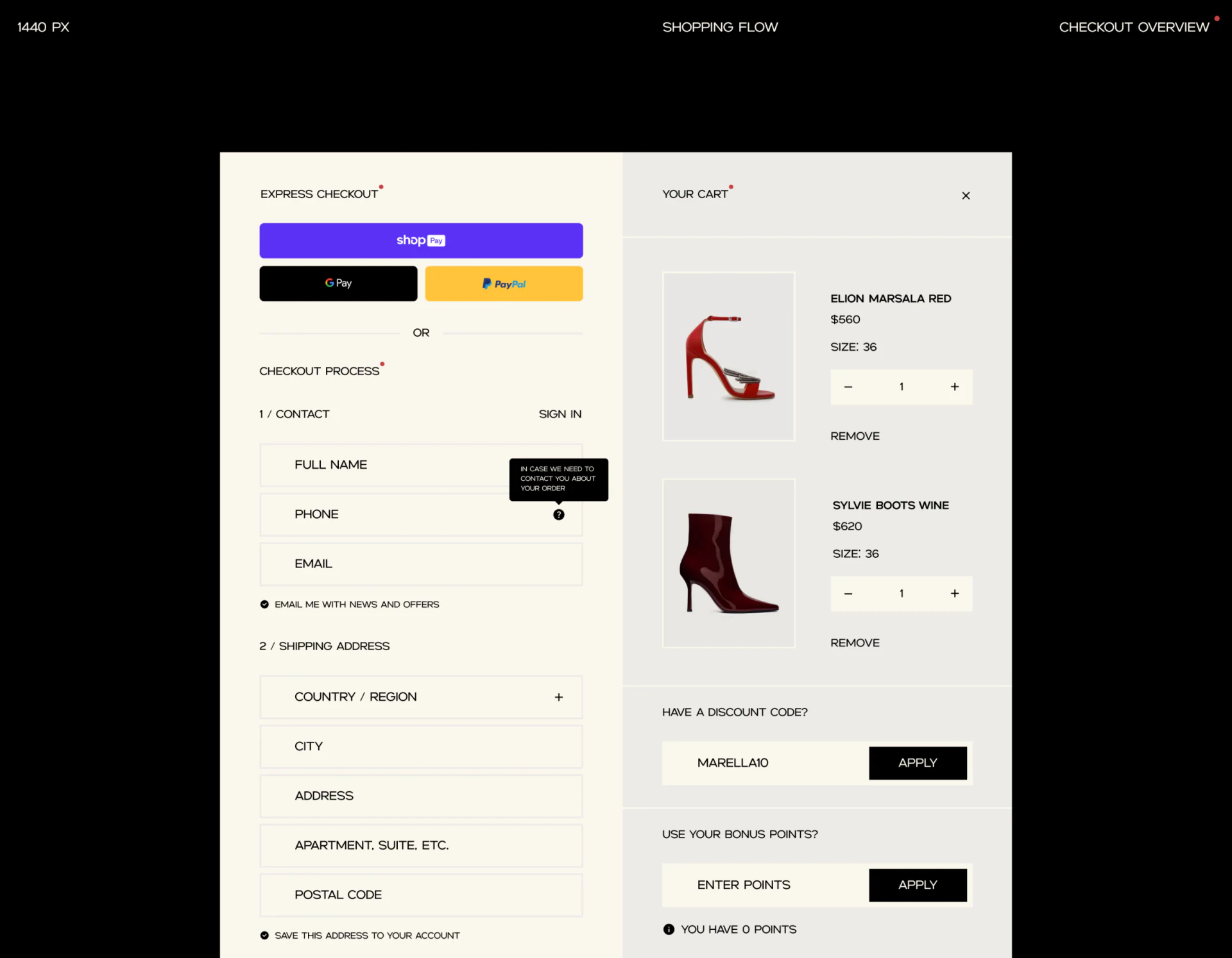 MARÉLLA checkout with contact and address on the left and two shoes, sizes, quantities, discount code, and points on the right