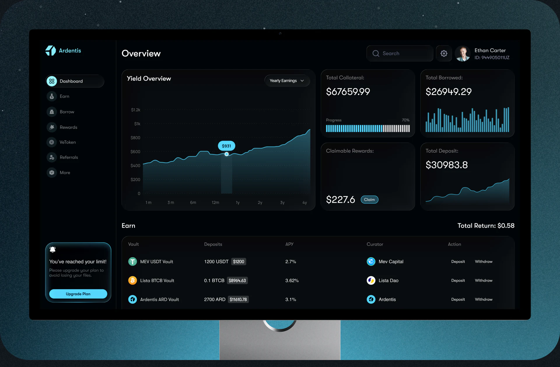 Ardentis black overview with a cyan yield trend left, four amount cards right, and asset rows with deposit and withdrawal actions below