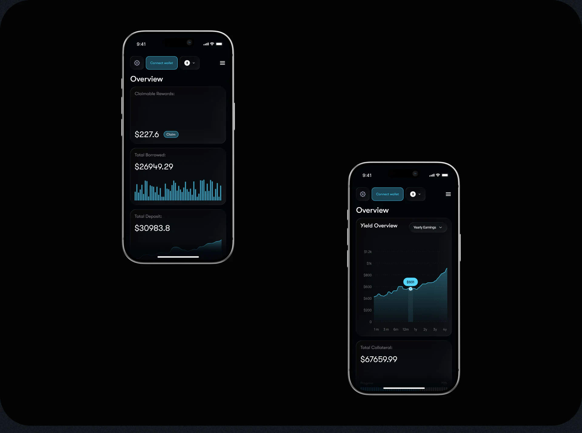 Two black Ardentis mobile overviews with wallet and network controls, vertical amount cards and a cyan yield trend
