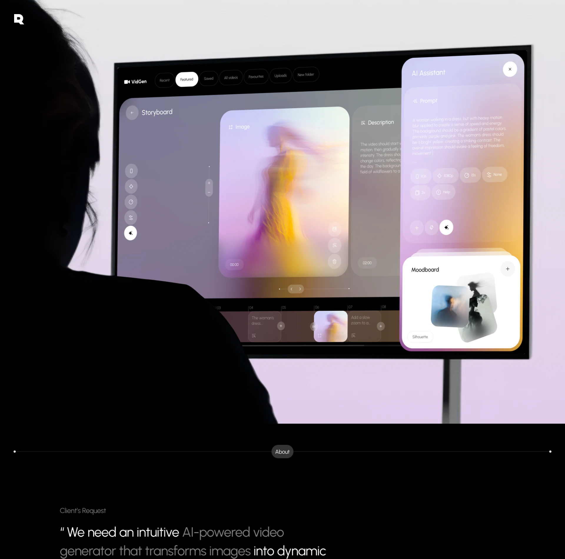 VidGen桌面预览、Description、Prompt助手和底部时间线