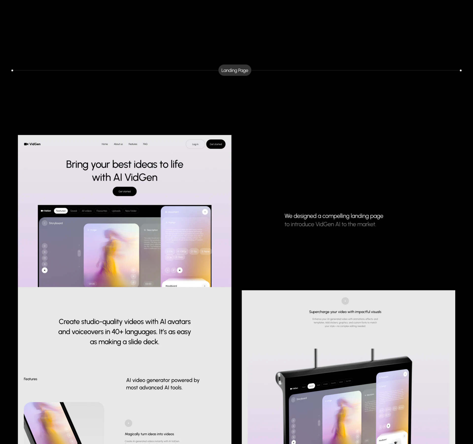 VidGen介绍页的Get started入口、工作台预览与功能宣传