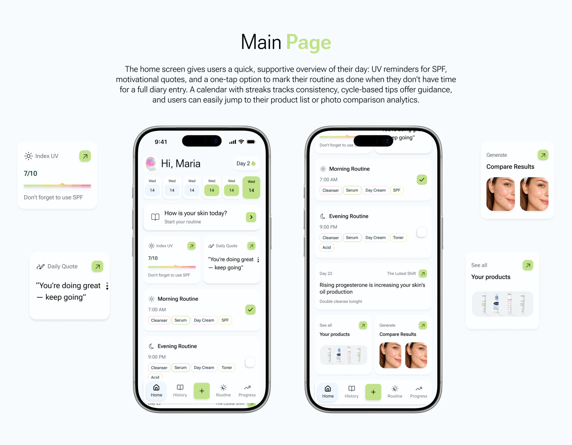 Senso home page dates, morning and evening routine checkboxes, and product and photograph entries