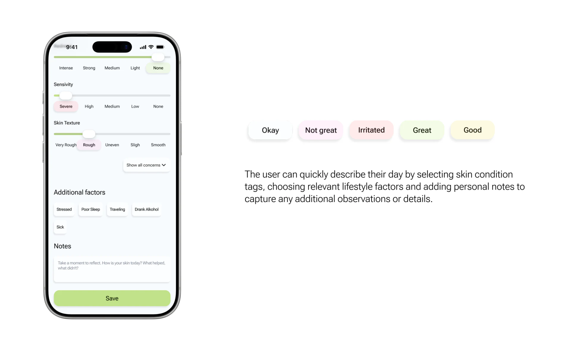 Senso sensitivity and texture sliders, lifestyle factors, notes and Save button