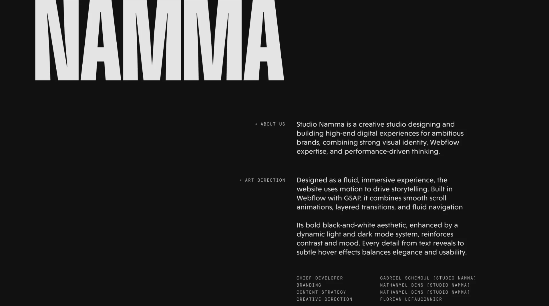 Black NAMMA about page with oversized white branding, narrow About Us and Art Direction text on the right, and contributor roles below