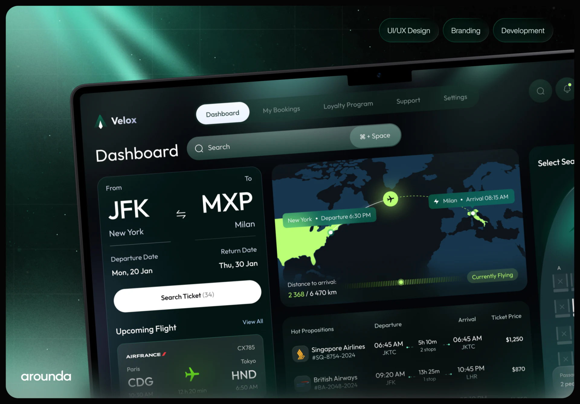 JFK到MXP搜索卡及显示Currently Flying的路线地图