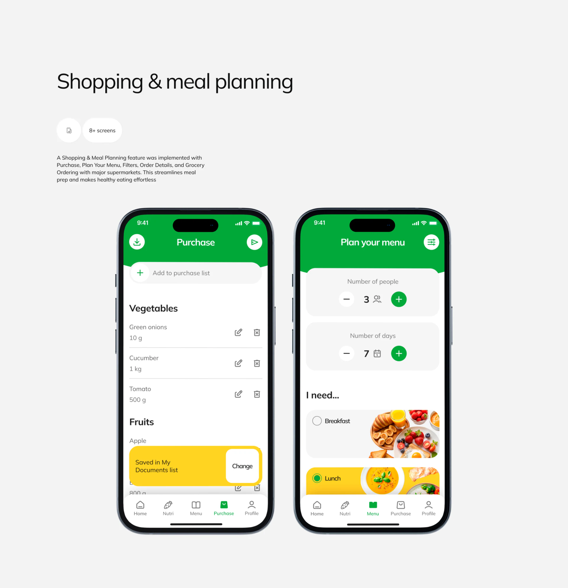 NutriRecipes shopping and menu screens with ingredient quantities, edit/delete, yellow saved feedback, people, days and meal choices