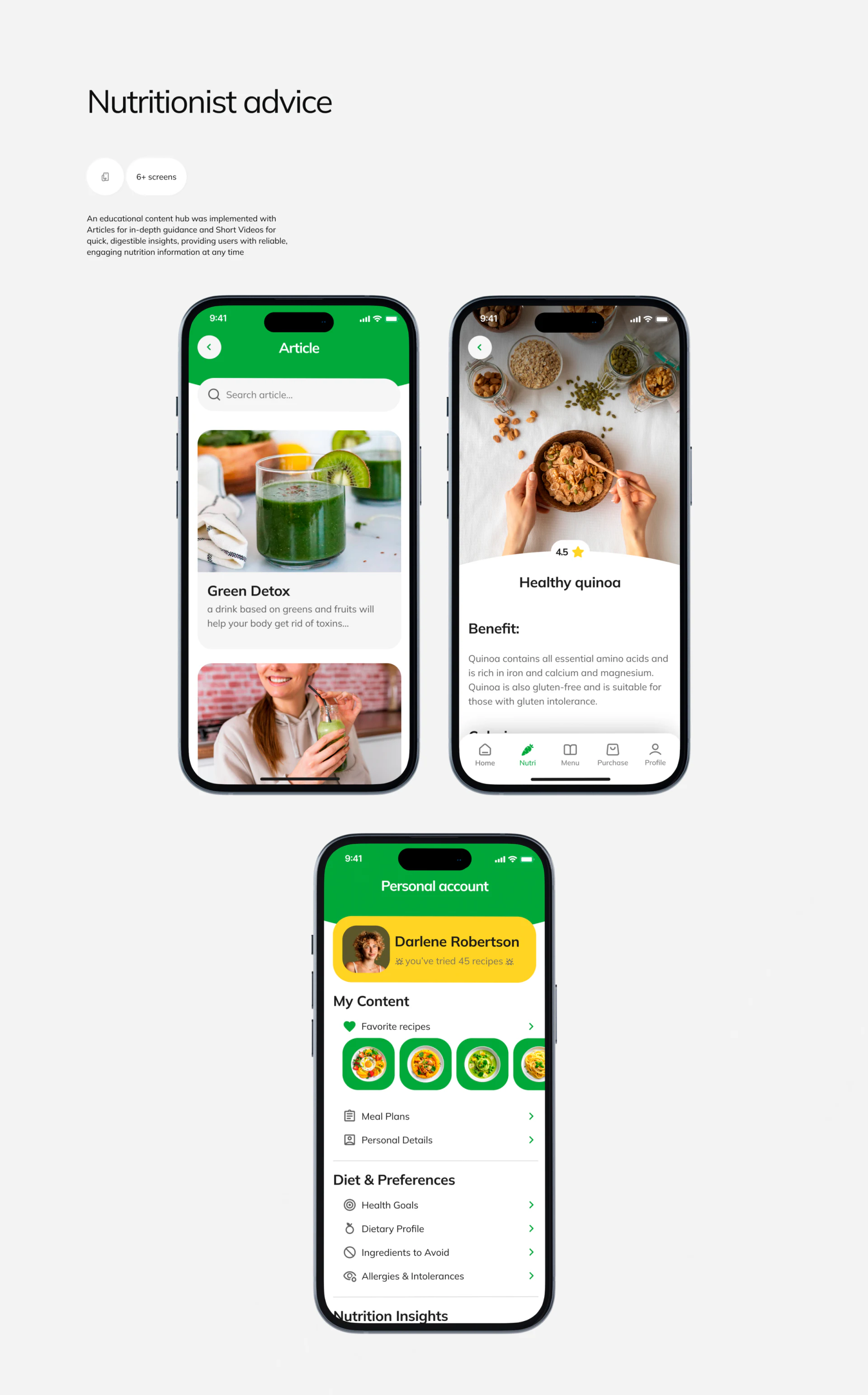 NutriRecipes knowledge article and account page with photo reading, yellow person card, favorites and diet conditions