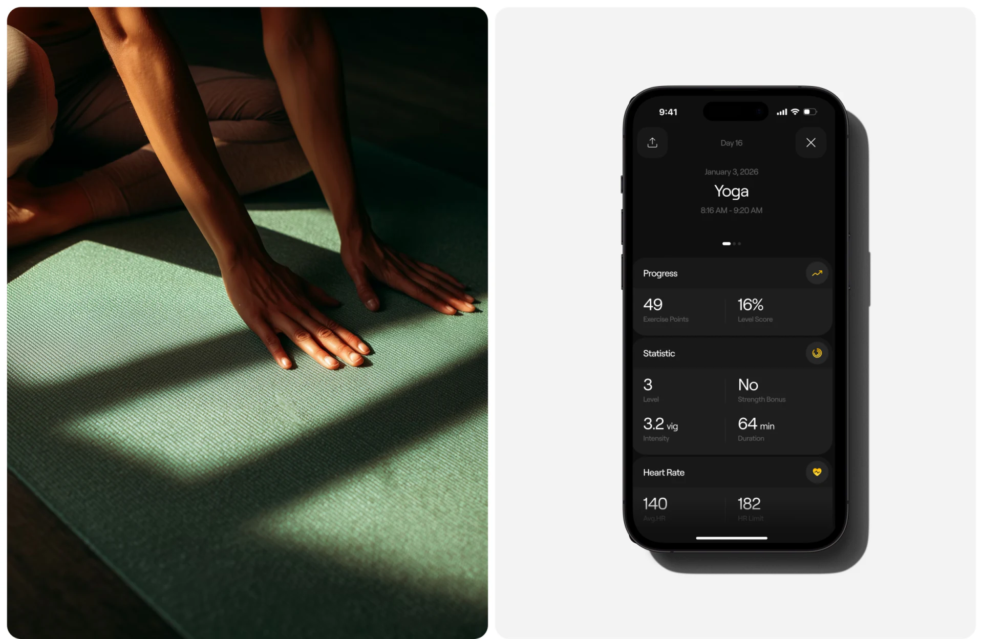 NestEgg Yoga活动详情的日期起止时间、Exercise Points、Level Score与心率统计