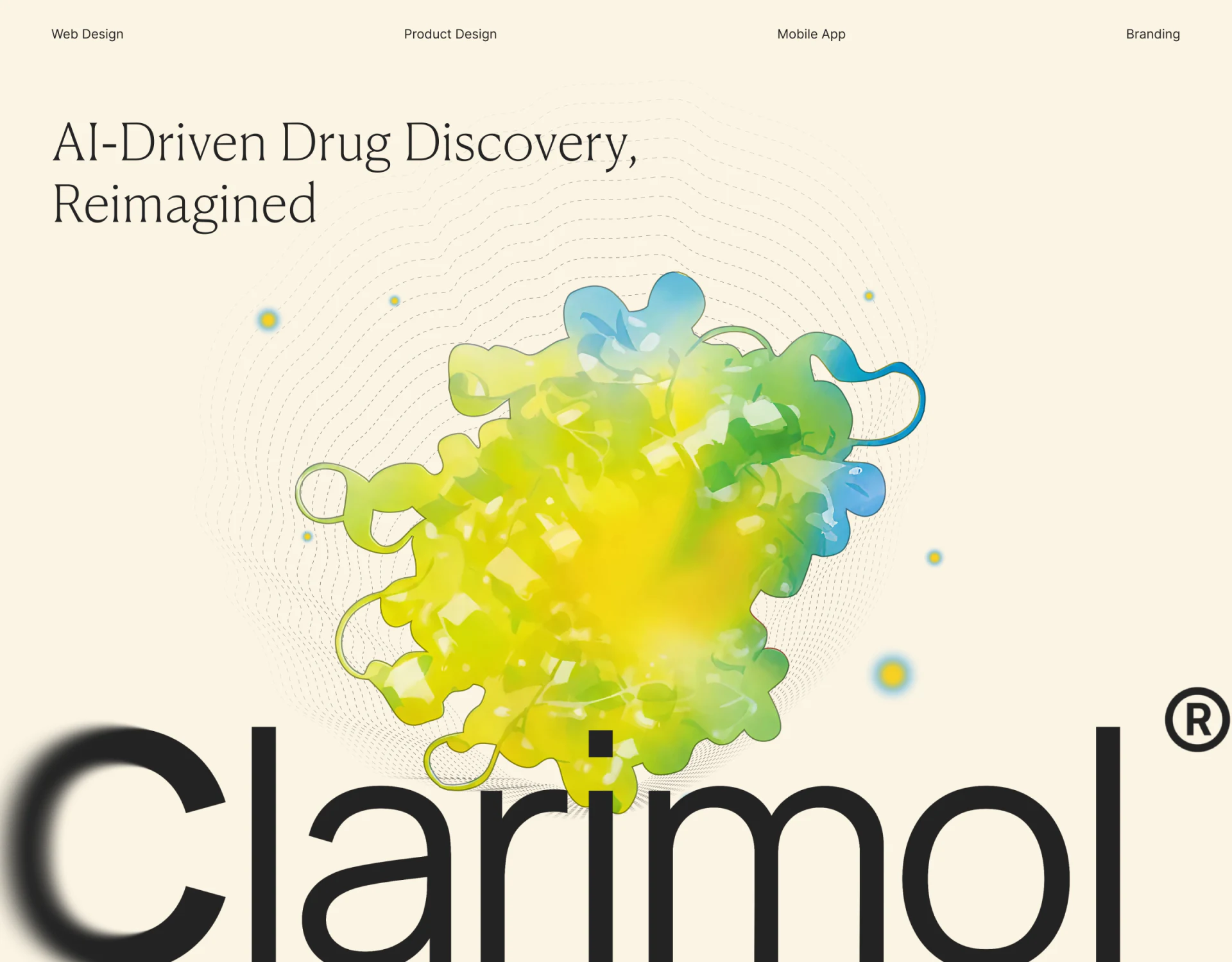 Clarimol奶油色主视觉、黄绿蓝分子形象和扩散轮廓线
