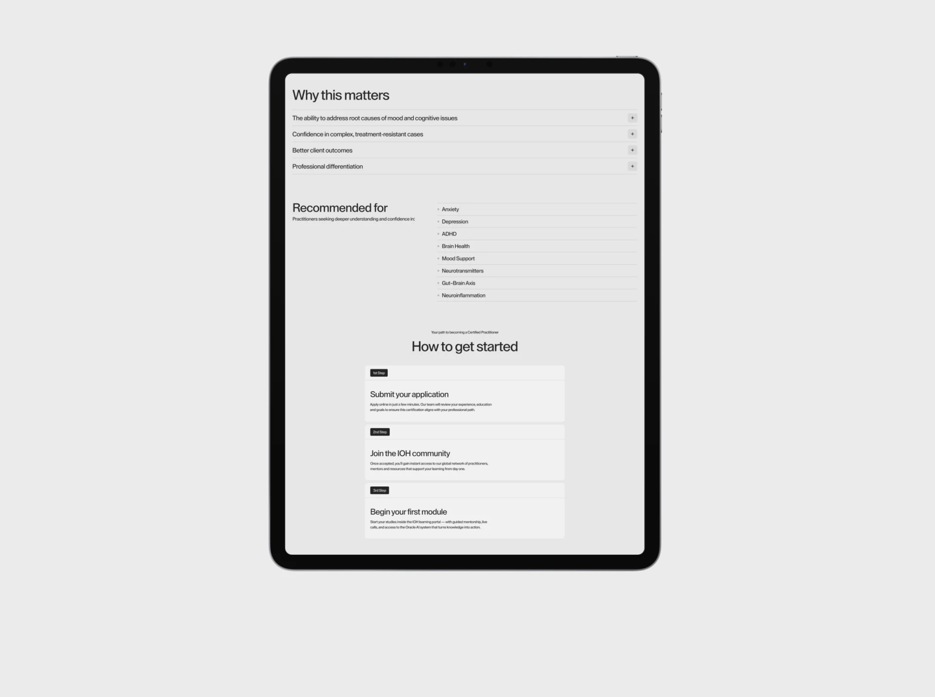 Expandable course-value rows, recommended learning directions and three application and enrollment steps