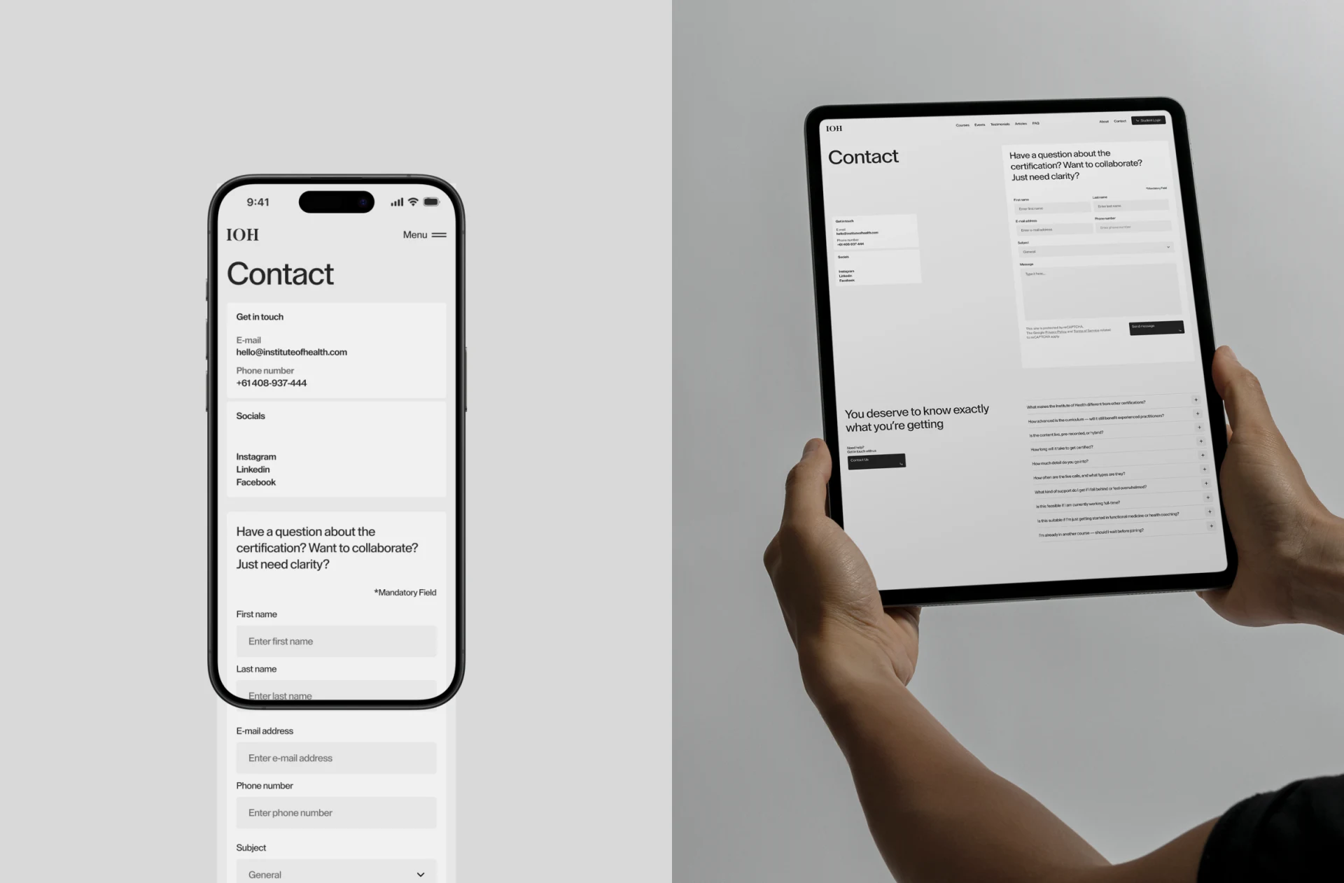 IOH contact page with direct details, inquiry fields and common questions