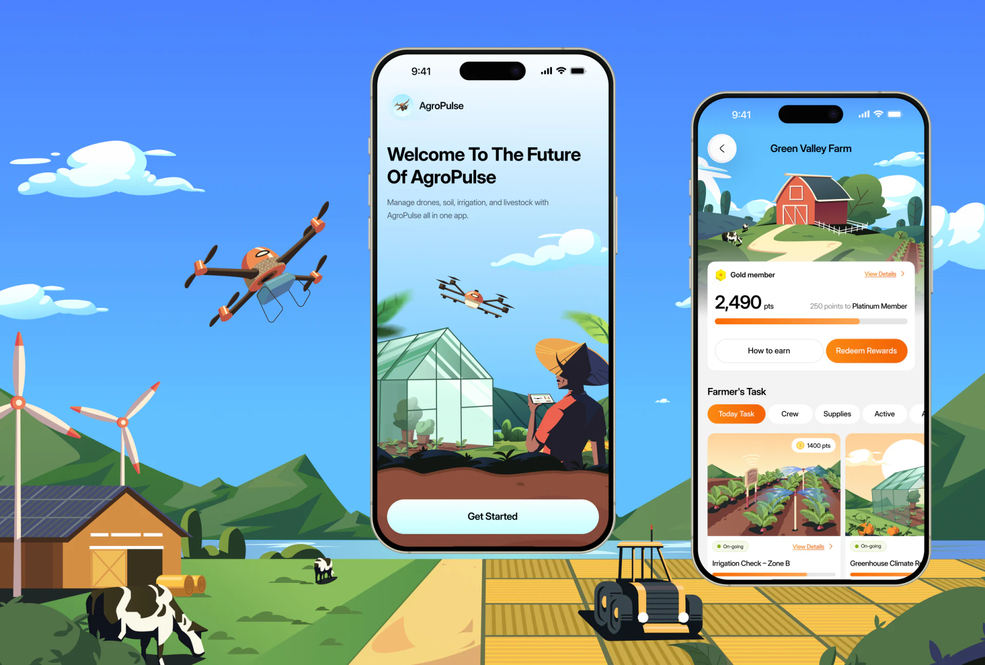 AgroPulse欢迎手机与Green Valley Farm任务手机:农舍场景、会员卡、任务标签和Zone B灌溉卡
