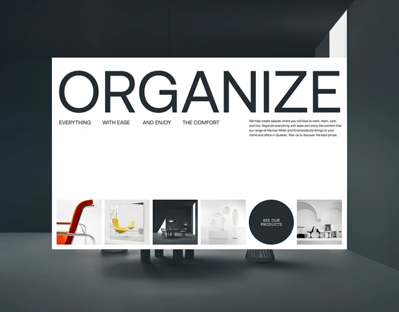 Möbel hero with large ORGANIZE, bottom image sequence, and circular product entry