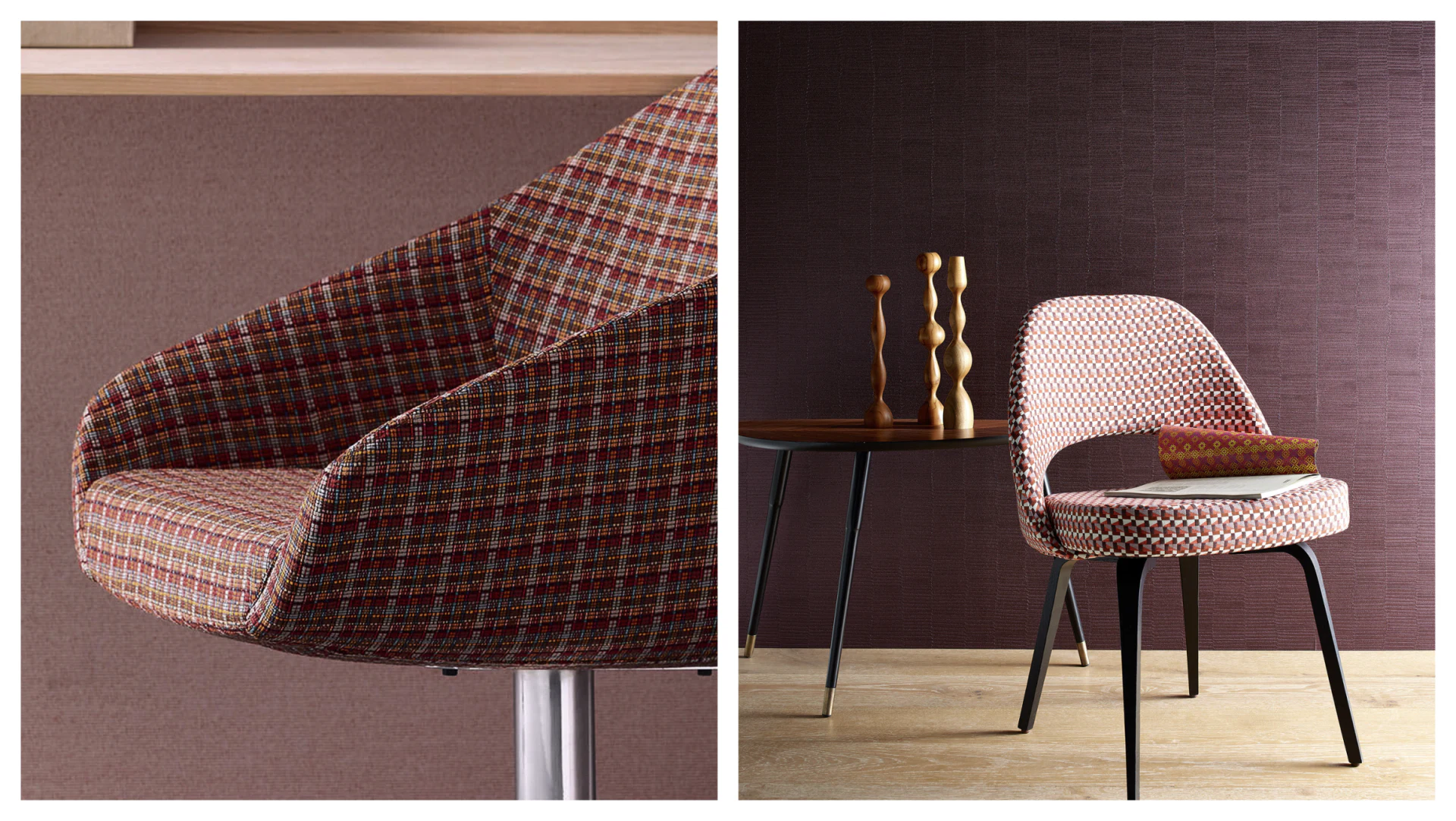 Möbel checked-chair close-up on the left and another chair with a side table in an interior on the right