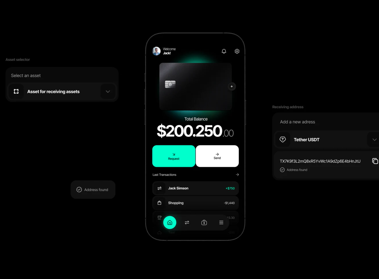 Vare黑色钱包首页的Total Balance、青绿色Request、白色Send及Last Transactions