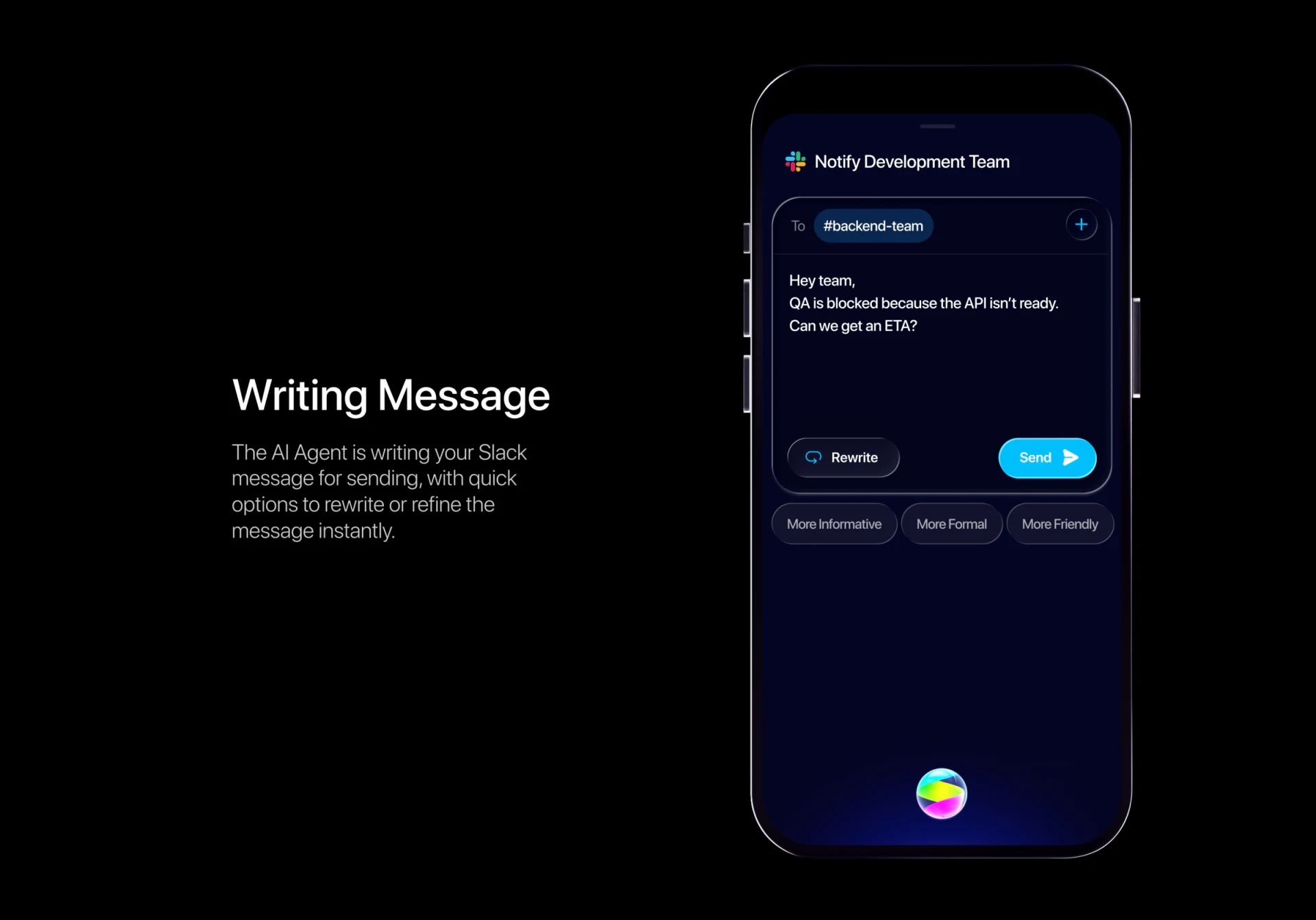 消息草稿显示backend-team目标频道、正文及Rewrite和Send,下方为三种改写方向