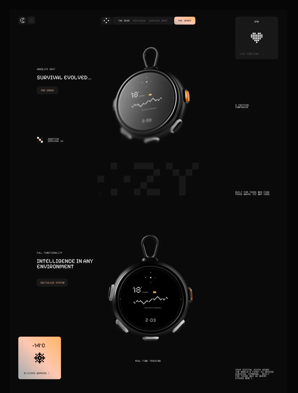 OZY黑底设备主视觉、Pre Order导航与温度提醒卡