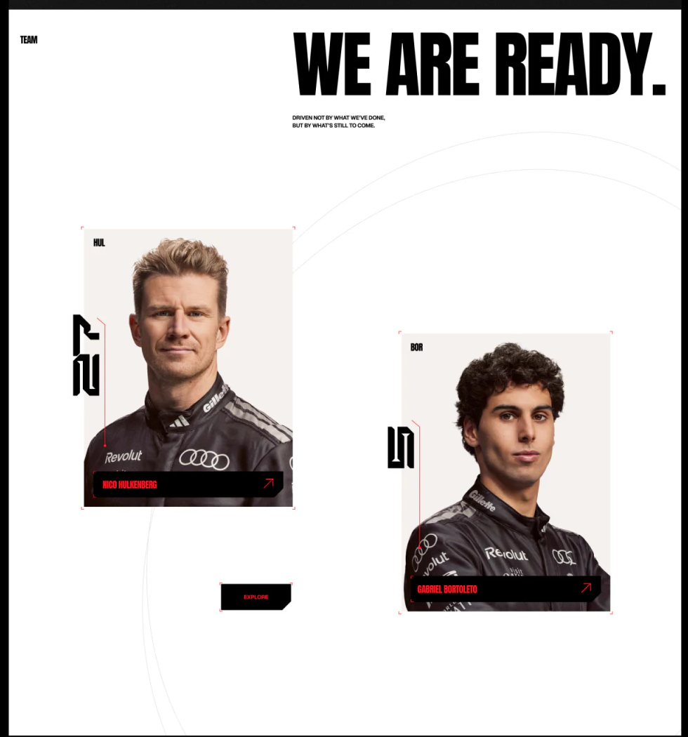 Team区域We Are Ready标题、错位人物肖像、姓名箭头与Explore