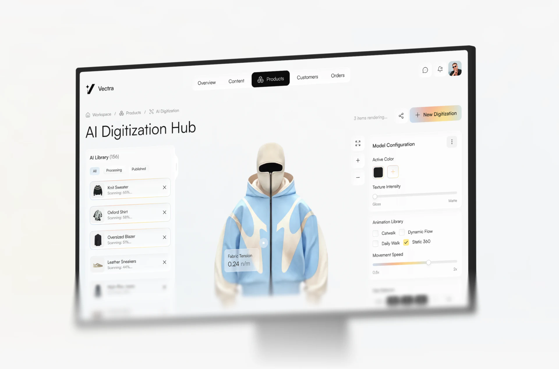 Three columns for product scanning list, garment preview, and configuration