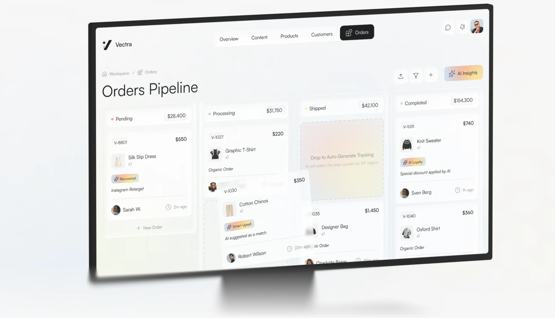 Four-column order pipeline with an automatic logistics generation notice