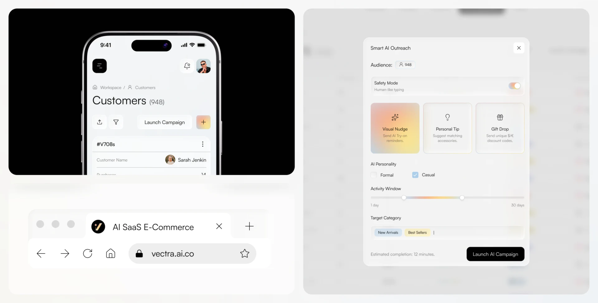 Customer entry and AI marketing audience, mode, and tone settings