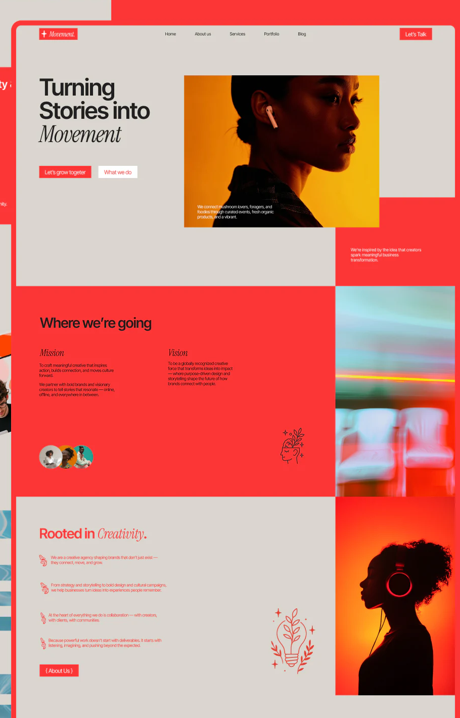 Quietly homepage with story heading, warm orange portrait, and red-white actions