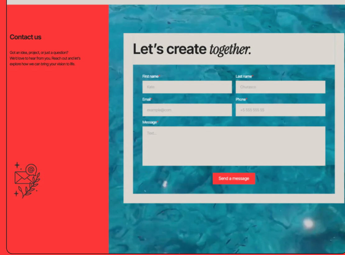 Contact form over water with name, email, phone, Message, and red send button