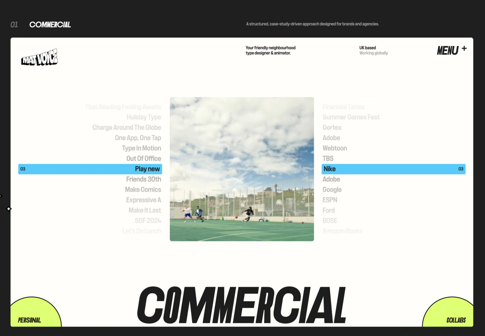 商业作品两侧名称与中央预览对齐,蓝色行标出Play new和Nike