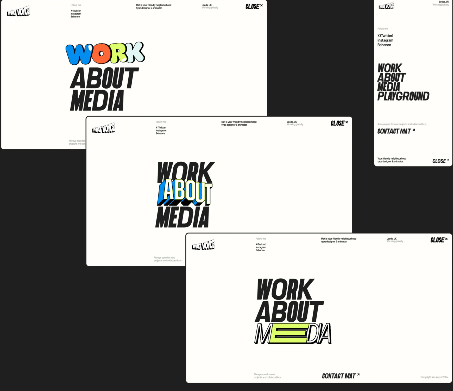 桌面菜单展示Work、About、Media的不同字形,手机另含Playground与联系