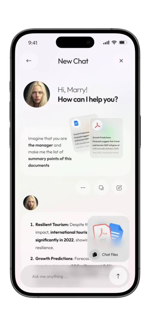 Mobile document chat with attachments, answers and floating capability cards